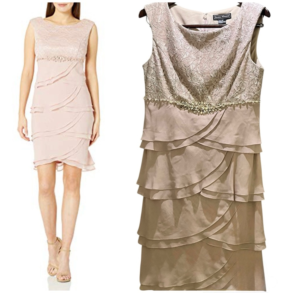 Jessica Howard Evening Beaded Lace Tiered Chiffon Sheath Formal Wedding Dress